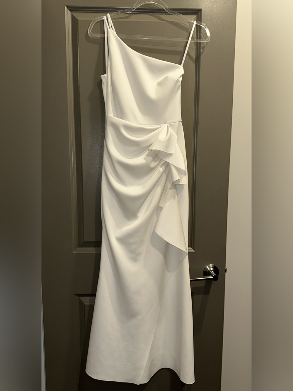 Xscape size 4-Scuba One Shoulder Column Dress with Side Ruffle
